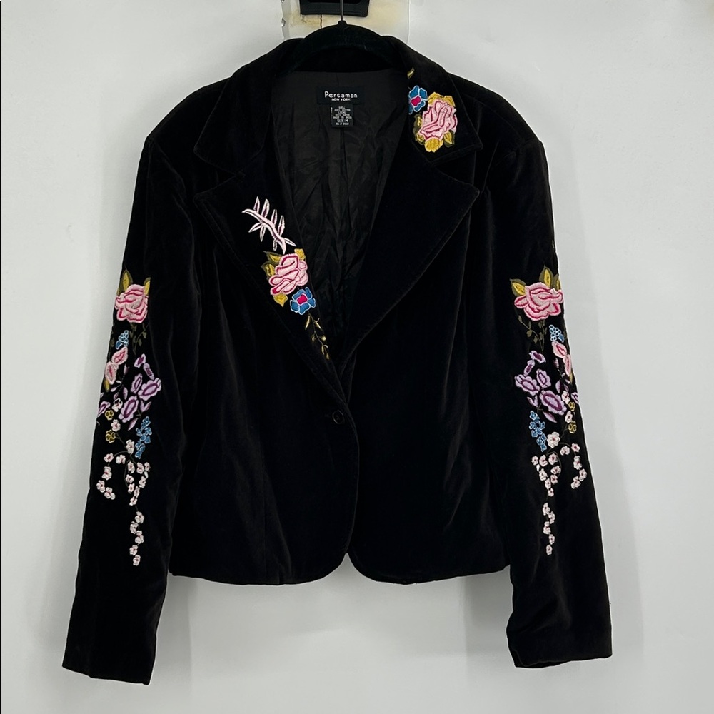 Persaman Velvet Blazer Jacket Floral Black Embroidery Size Medium